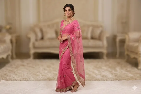 Pink_Organza_Saree_With_Golden_Embroidery_And_Sequin_Work