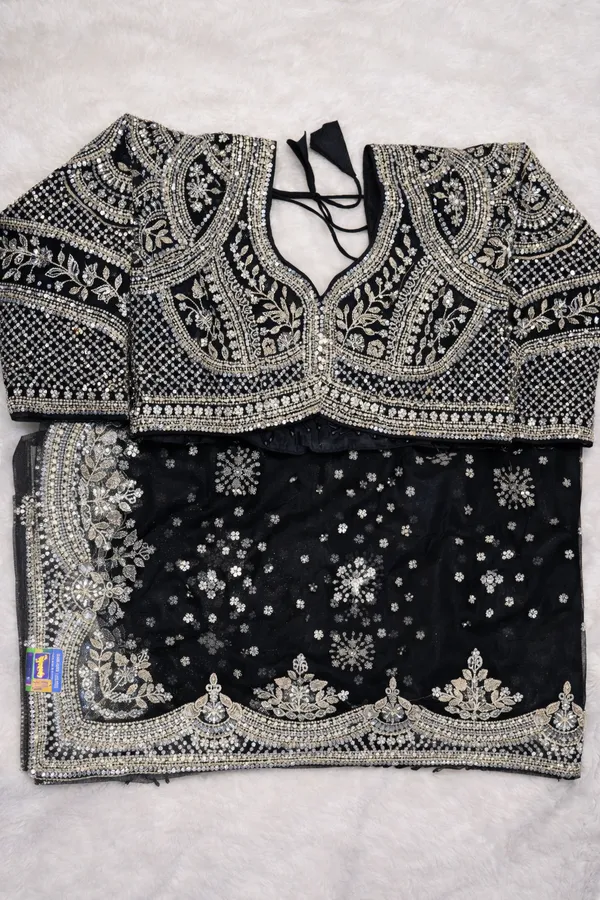 Black_Net_Saree_With_Silver_Embellished_Blouse