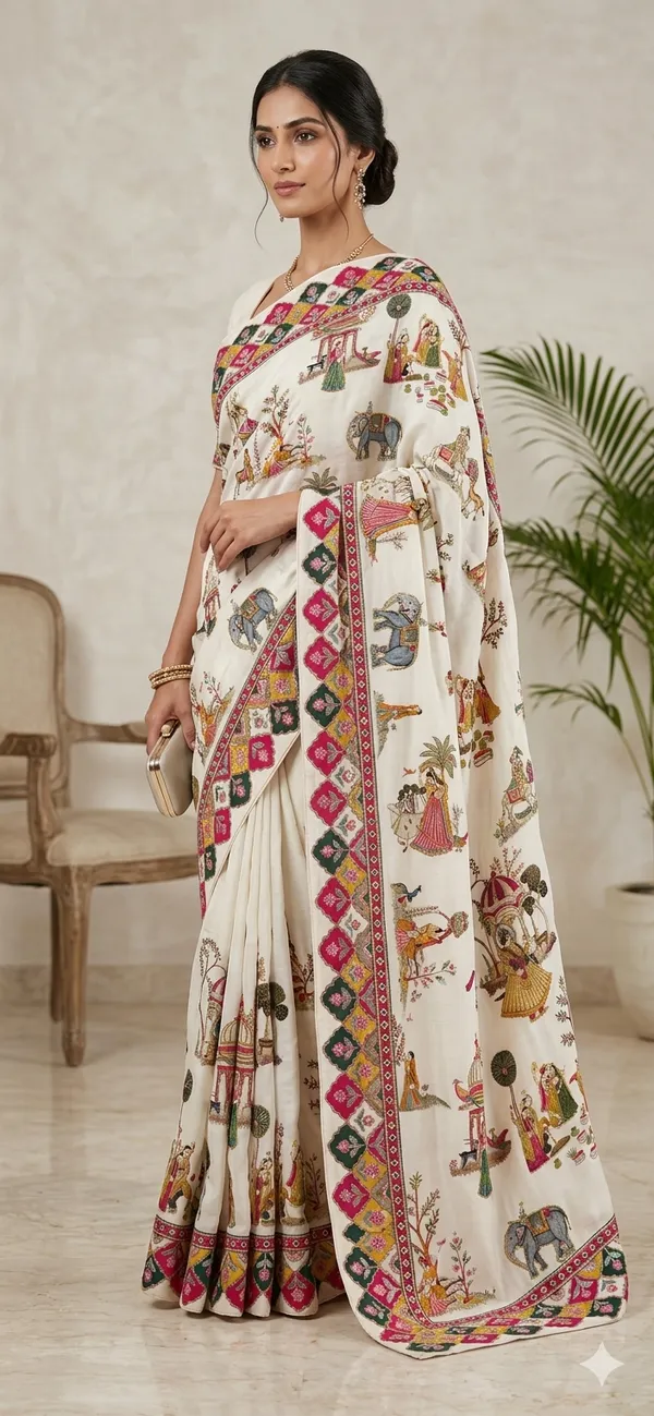 Elegant_Ethnic_Print_Cotton_Saree_With_Colorful_Scalloped_Border