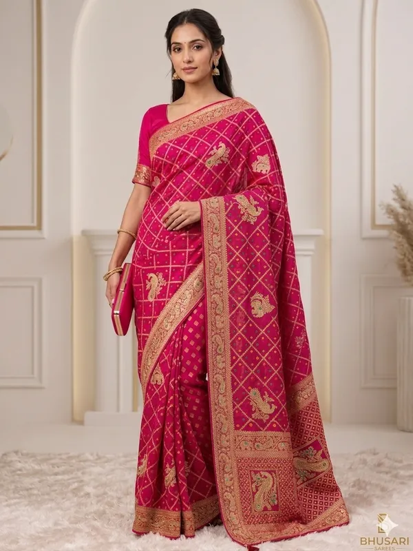 Rani_Pink_Banarasi_Silk_Saree_With_Golden_Zari_Work