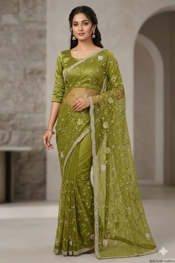 Olive_Green_Embroidered_Net_Saree_With_Pearl_Border_And_Matching_Blouse
