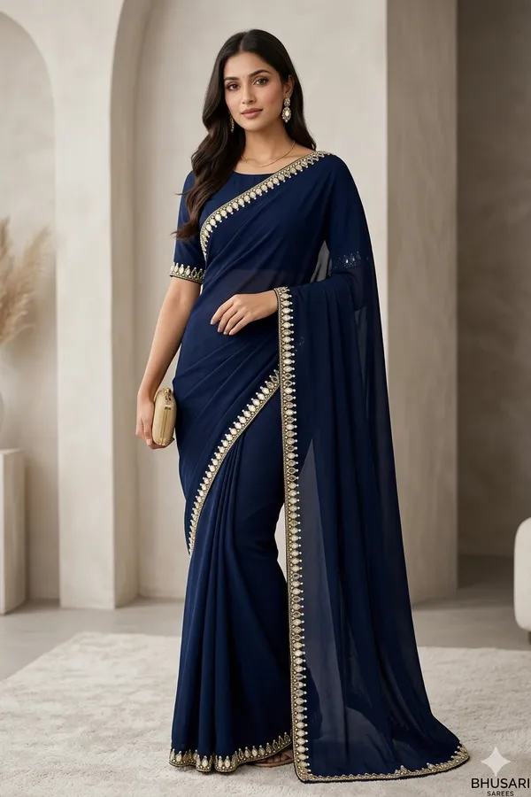 Navy_Blue_Saree_With_Golden_Embellished_Border_And_Matching_Blouse