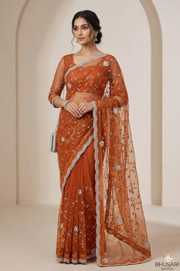 Orange_Embroidered_Net_Saree_With_Blouse_And_Saree