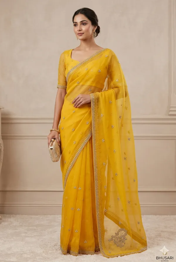 Yellow_Georgette_Saree_With_Embellished_Border_And_Stone_Work