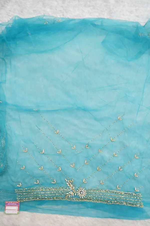 Turquoise_Embellished_Net_Saree_With_Golden_Floral_Work_And_Border