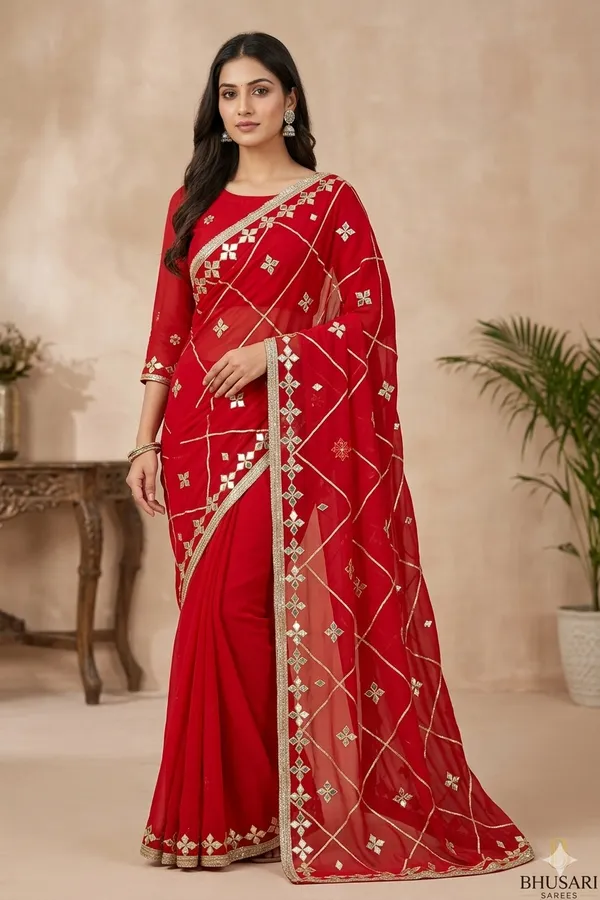 Red_Mirror_Work_Embellished_Saree_With_Golden_Border