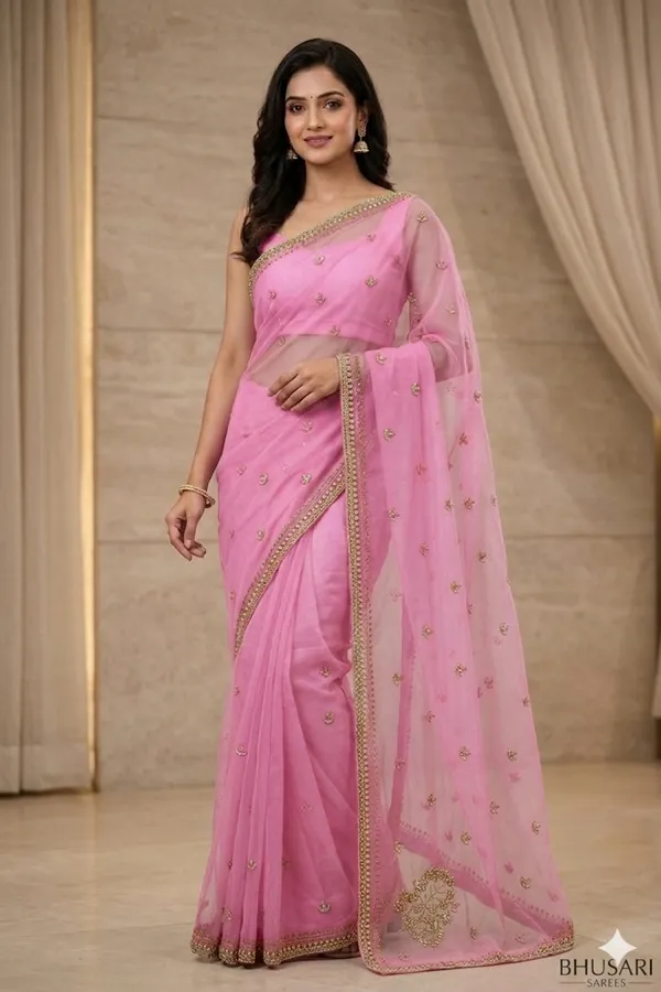 Pink_Organza_Saree_With_Golden_Embroidered_Border_And_Sequin_Work