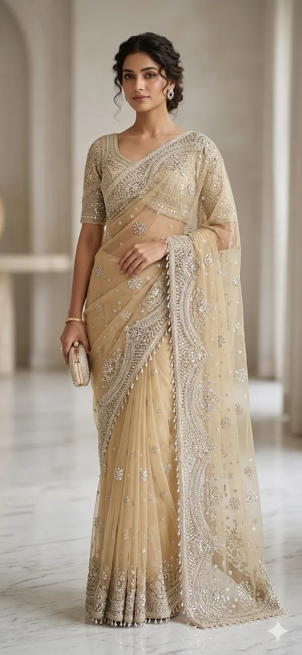 Beige_Embellished_Blouse_With_Saree_Ethnic_Wear_For_Women