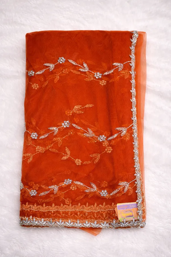 Orange_Embroidered_Saree_With_Silver_Sequin_Work