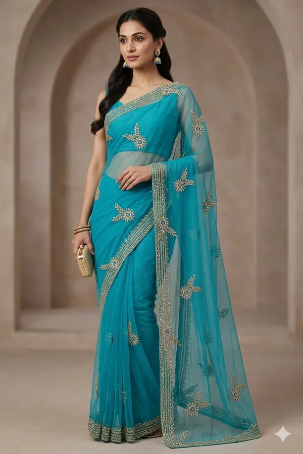 Turquoise_Embellished_Net_Saree_With_Golden_Floral_Work_And_Border