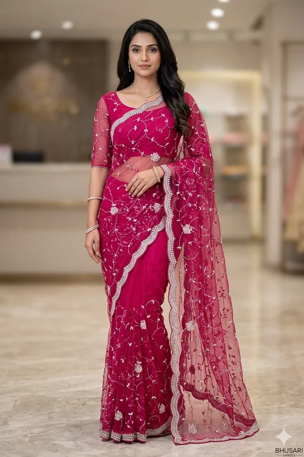 Red_Chiffon_Saree_With_Golden_Embroidery_And_Floral_Motifs