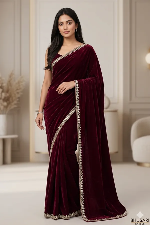Elegant_Maroon_Velvet_Saree_With_Golden_Embroidered_Border