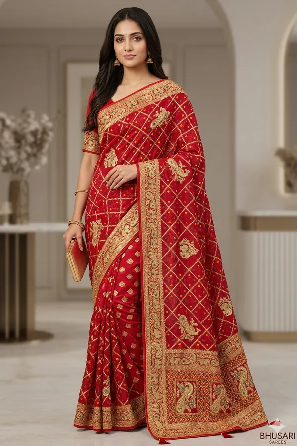 Traditional_Red_Banarasi_Silk_Saree_With_Golden_Zari_Work_And_Green_Stone_Embellishments