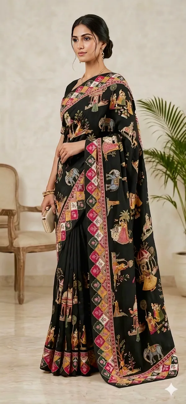 Black_Printed_Saree_With_Mughal_Art_Motifs_And_Floral_Border