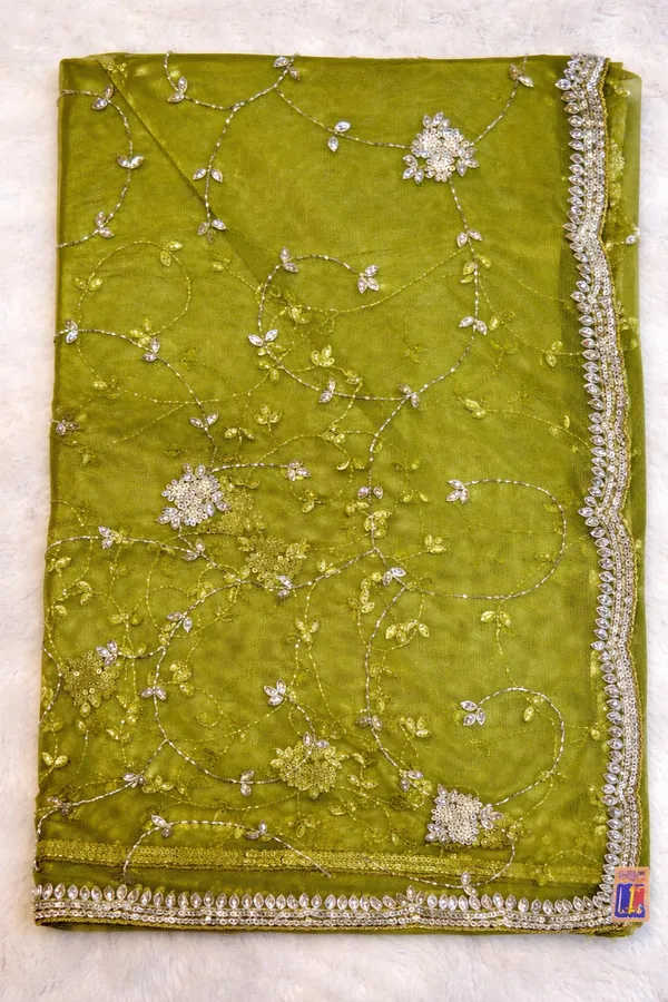 Olive_Green_Embroidered_Net_Saree_With_Pearl_Border_And_Matching_Blouse