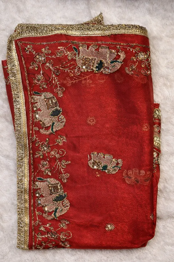 Red_Embroidered_Silk_Saree_With_Golden_Border_And_Peacock_Motifs