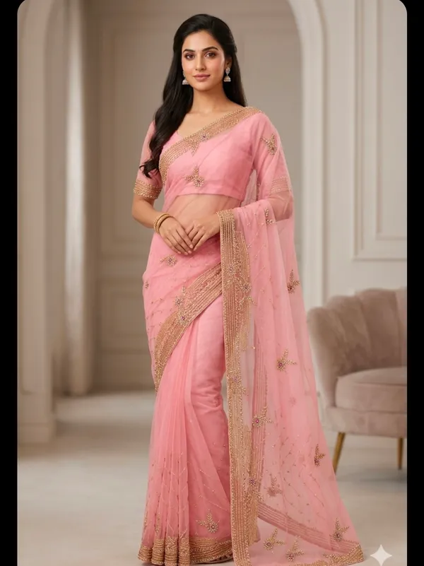 Pink_Embroidered_Net_Saree_With_Golden_Border_And_Embellishments