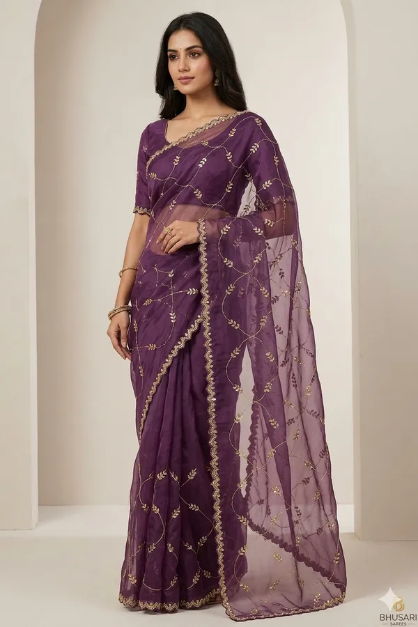 Purple_Embroidered_Organza_Saree_With_Golden_Leaf_Motifs_And_Scalloped_Border