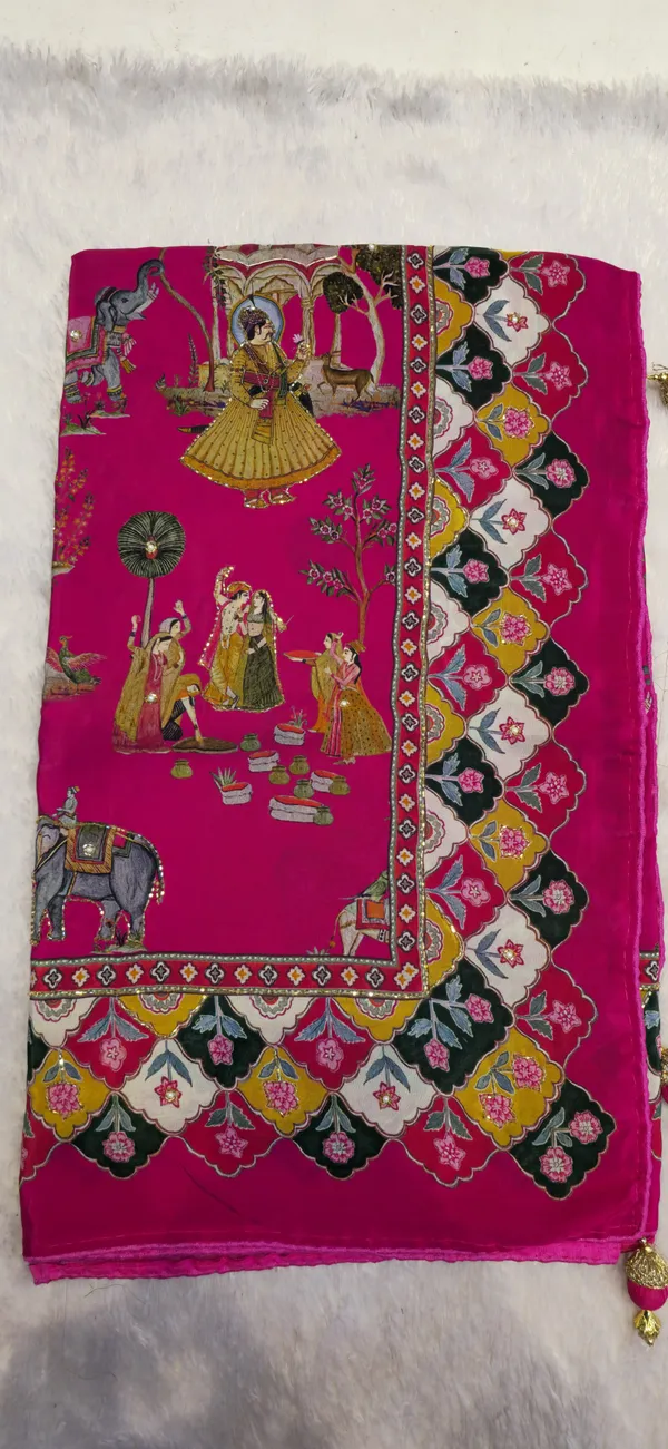 Magenta_Pink_Printed_Saree_With_Mughal_Motifs_And_Floral_Border
