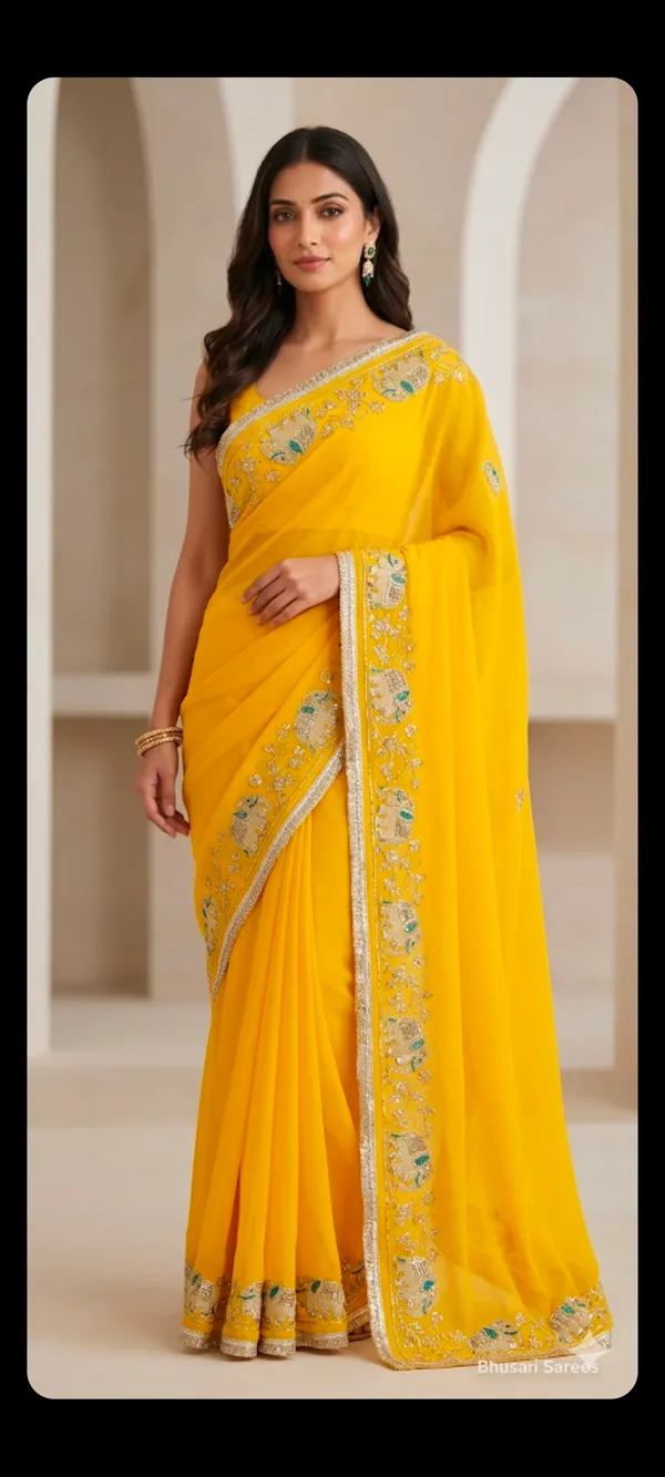 Yellow_Georgette_Saree_With_Floral_Embroidered_Border