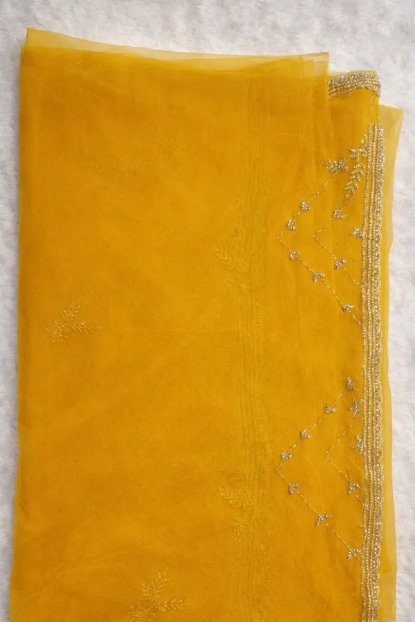 Yellow_Embellished_Organza_Saree_With_Golden_Border_And_Floral_Motifs