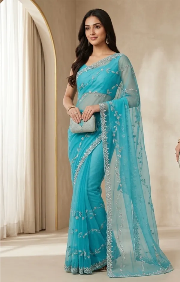 Turquoise_Blue_Embellished_Organza_Saree_With_Silver_Sequin_Work