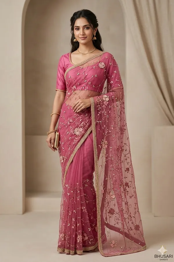 Pink_Embroidered_Net_Saree_With_Floral_Sequin_Work