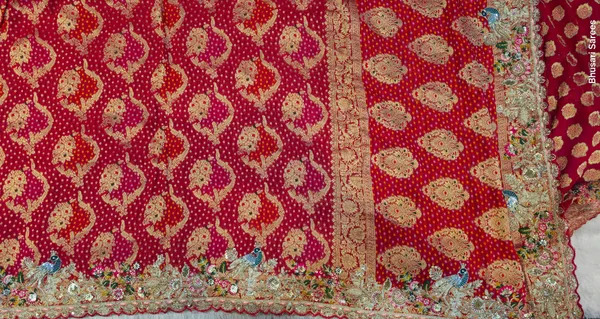 Red_Banarasi_Silk_Saree_With_Golden_Buti_Work_And_Embellished_Border