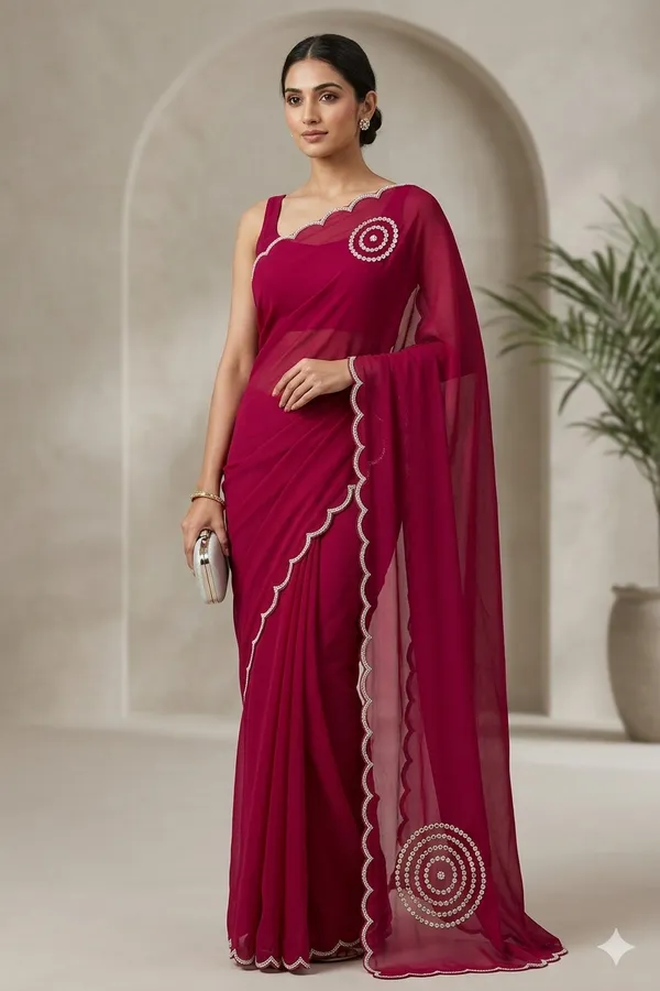 Maroon_Georgette_Saree_With_Sequin_Circle_Embroidery_And_Scalloped_Border
