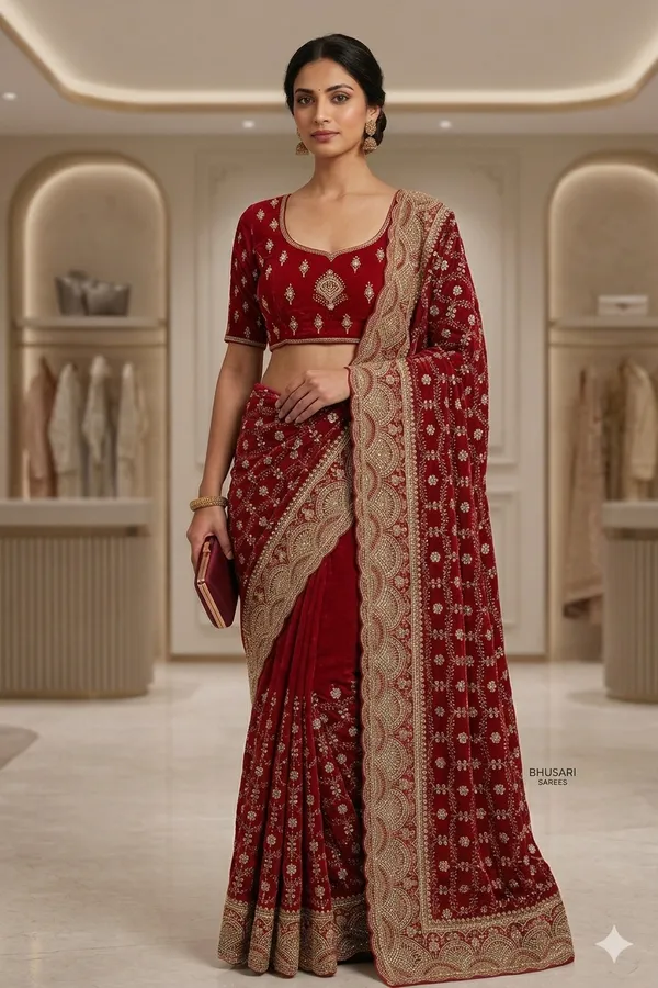 Red_Bridal_Embroidered_Saree_With_Golden_Zari_Work_And_Unstitched_Blouse_Piece
