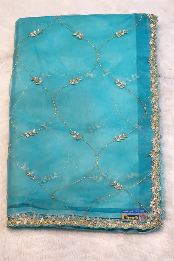 Turquoise_Embroidered_Organza_Saree_With_Golden_Border_And_Sequin_Work