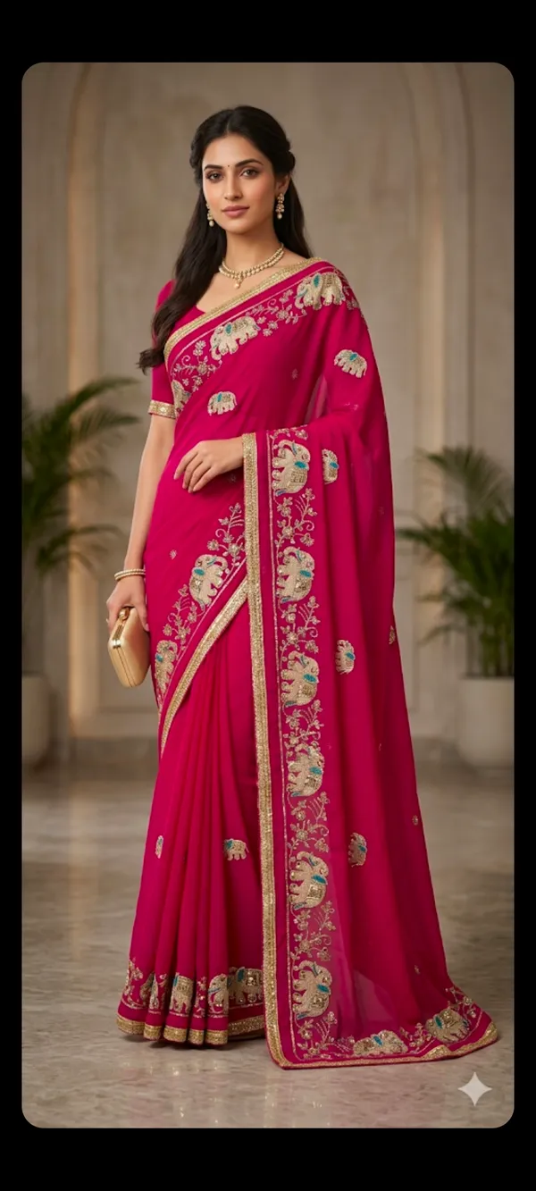 Pink_Embroidered_Elephant_Motif_Saree_With_Blouse
