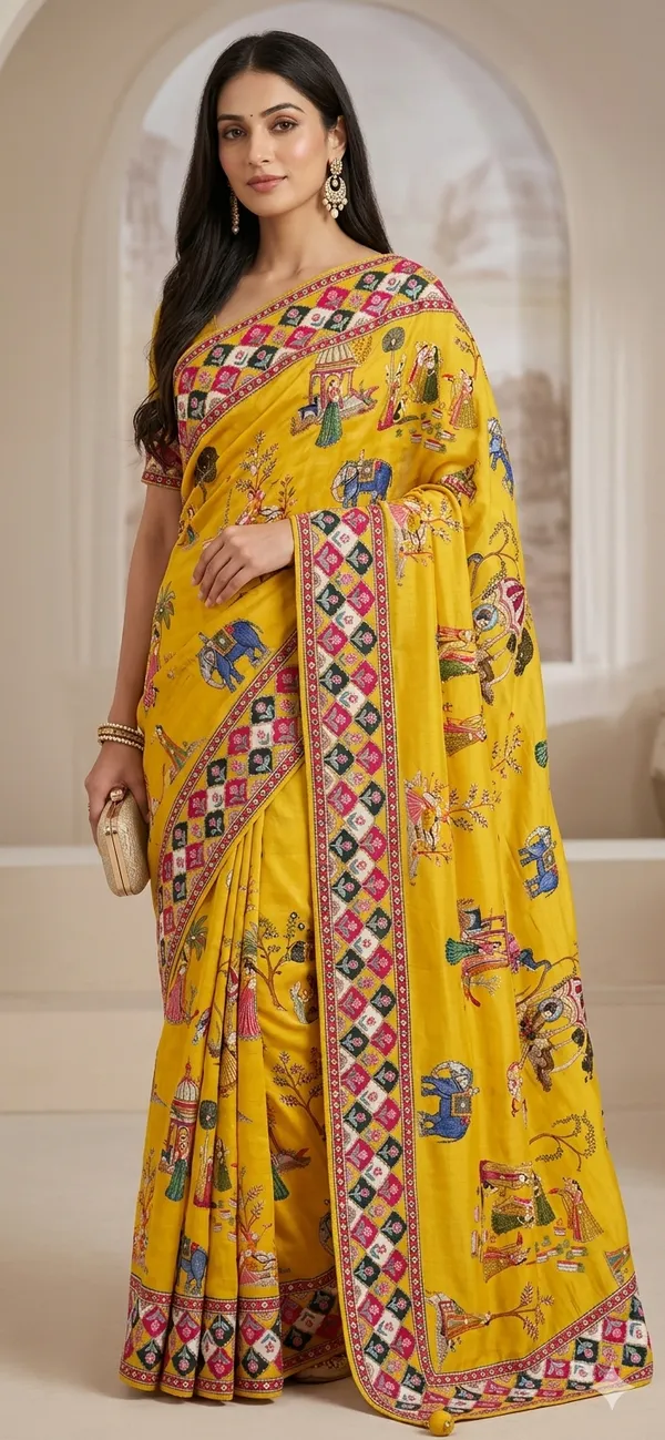 Yellow_Silk_Saree_With_Intricate_Ethnic_Motifs_And_Multicolor_Border