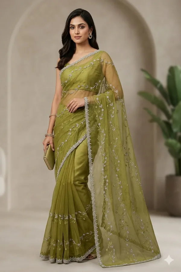 Olive_Green_Embroidered_Organza_Saree_With_Silver_Sequin_Work