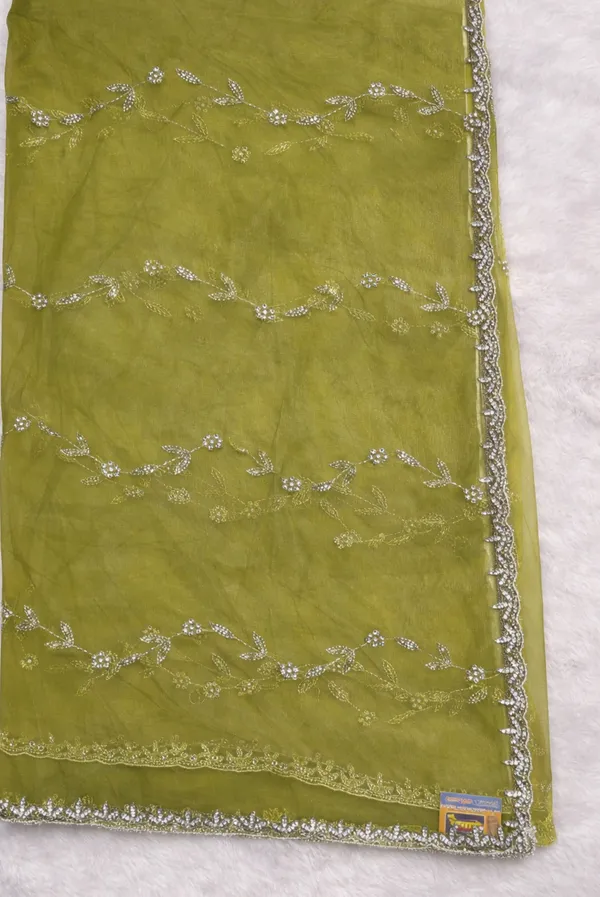 Olive_Green_Embroidered_Organza_Saree_With_Silver_Sequin_Work