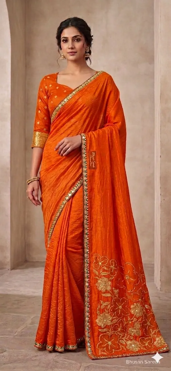 Orange_Embroidered_Silk_Saree_With_Golden_Border_And_Floral_Work