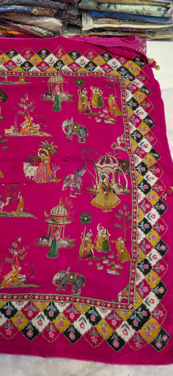 Magenta_Pink_Printed_Saree_With_Mughal_Motifs_And_Floral_Border