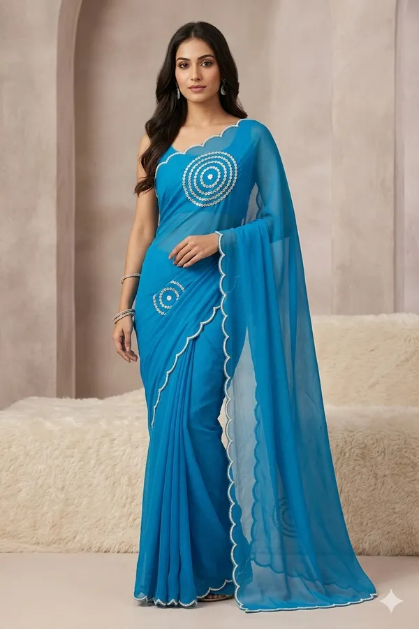 Blue_Georgette_Saree_With_Scalloped_Border_And_Circular_Mirror_Work