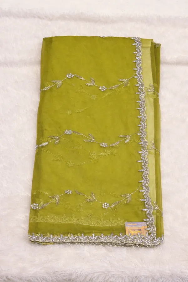 Olive_Green_Embroidered_Organza_Saree_With_Silver_Sequin_Work