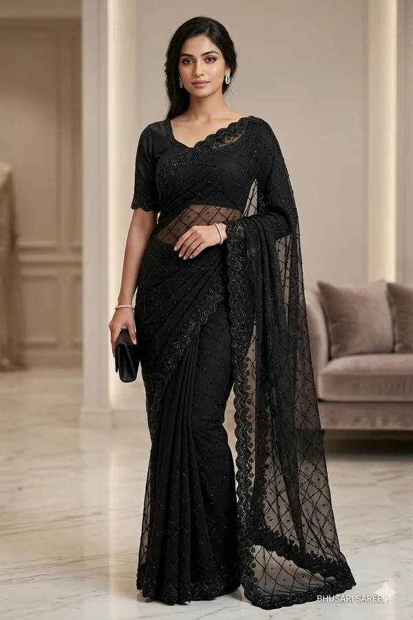 Black_Net_Saree_With_Embellished_Border_And_Sequin_Work