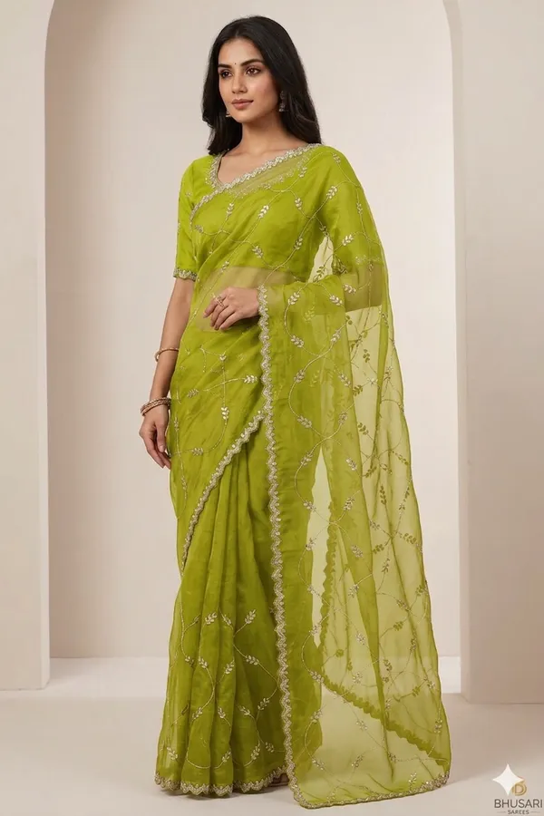 Olive_Green_Embroidered_Organza_Saree_With_Gota_Patti_Border