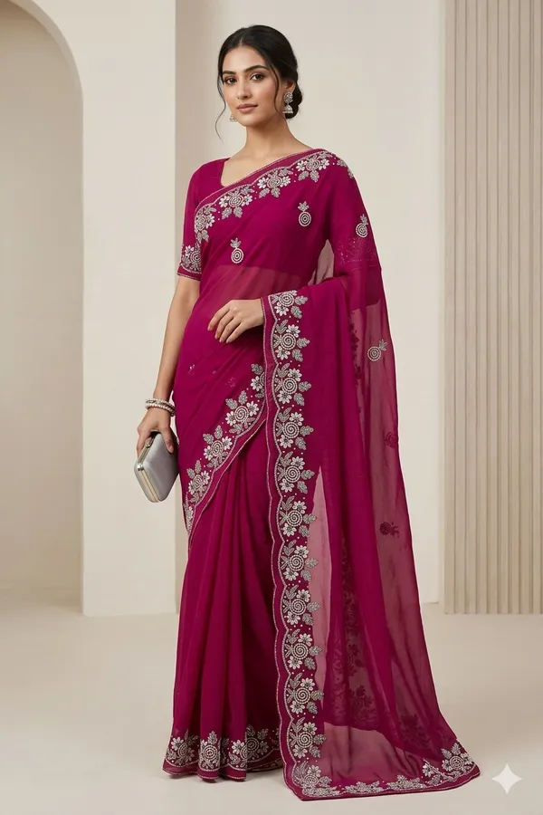 Magenta_Embroidered_Chiffon_Saree_With_Silver_Thread_Work_Border
