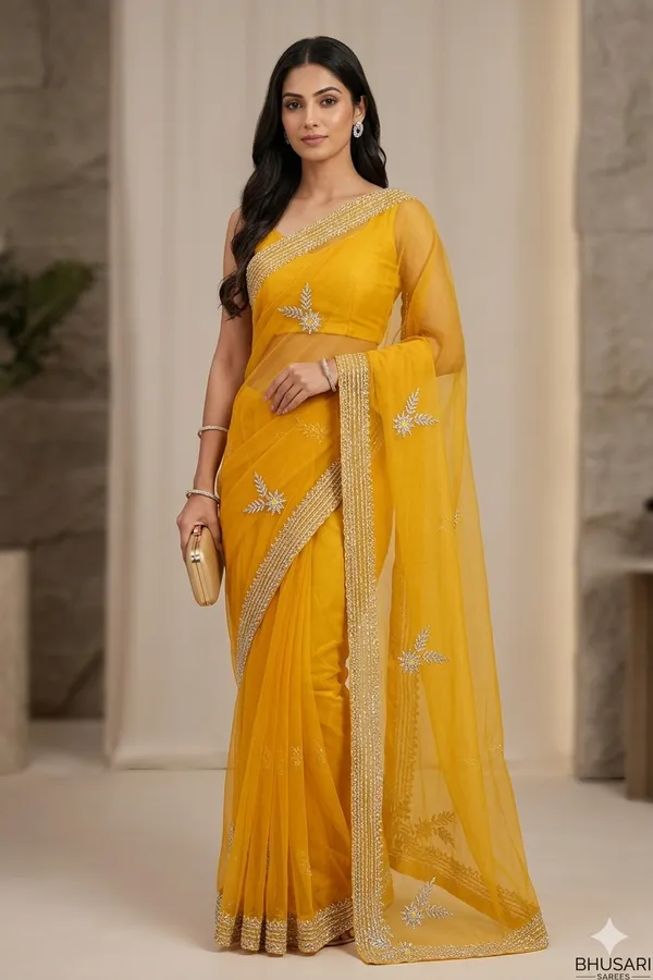 Yellow_Embellished_Organza_Saree_With_Golden_Border_And_Floral_Motifs