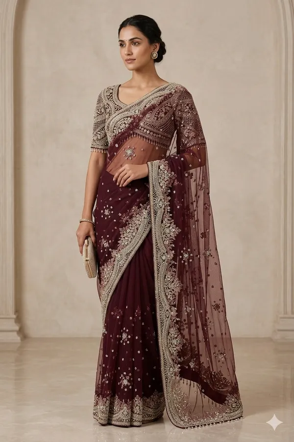 Maroon_Embellished_Saree_With_Designer_Blouse