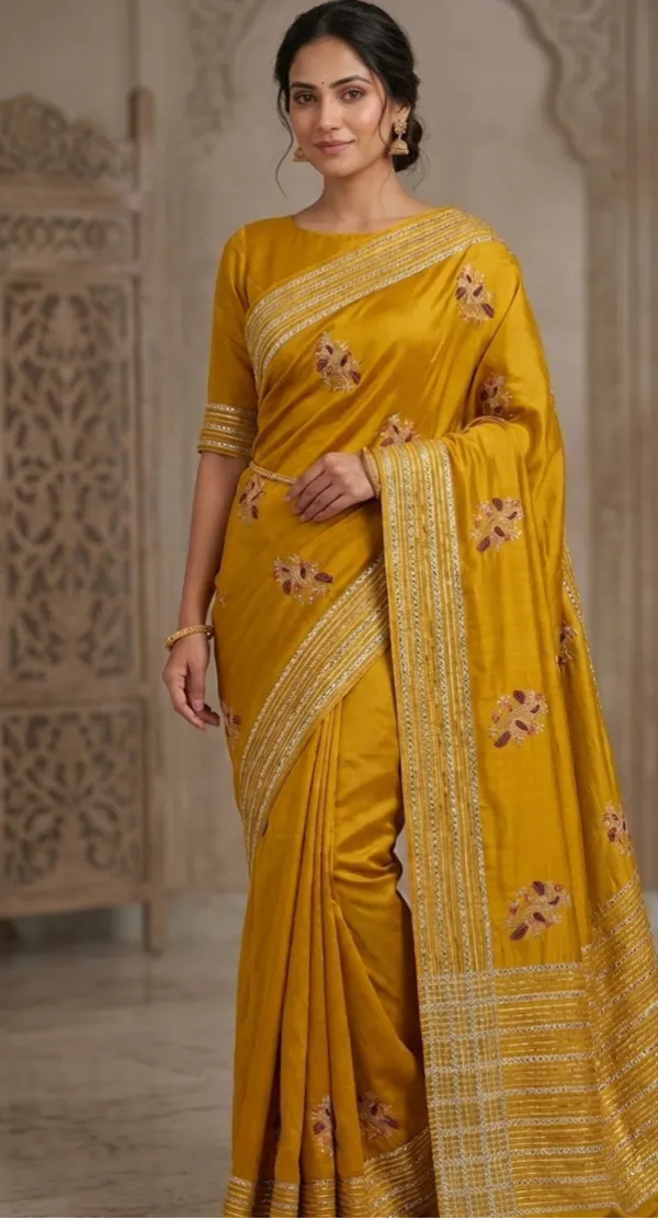 Mustard_Yellow_Silk_Saree_With_Floral_Embroidery_And_Gota_Patti_Work