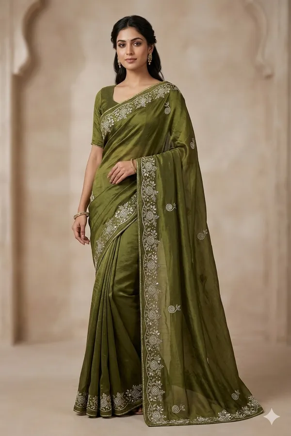 Olive_Green_Embroidered_Saree_With_Sequin_And_Spiral_Motif_Border