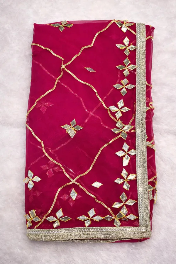 Magenta_Pink_Embroidered_Net_Saree_With_Golden_Floral_Work_And_Border