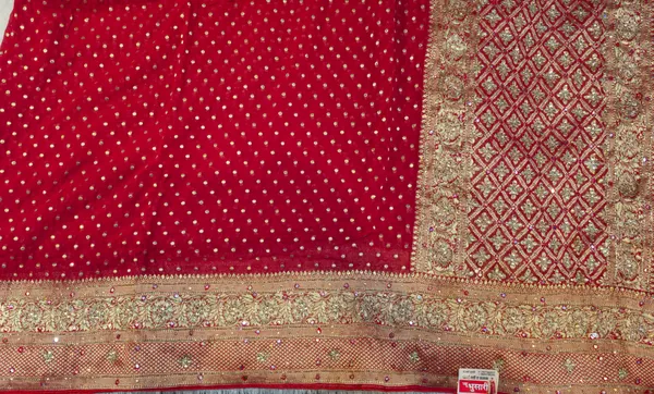 Red_Georgette_Sequin_Work_Saree_With_Golden_Zari_Border