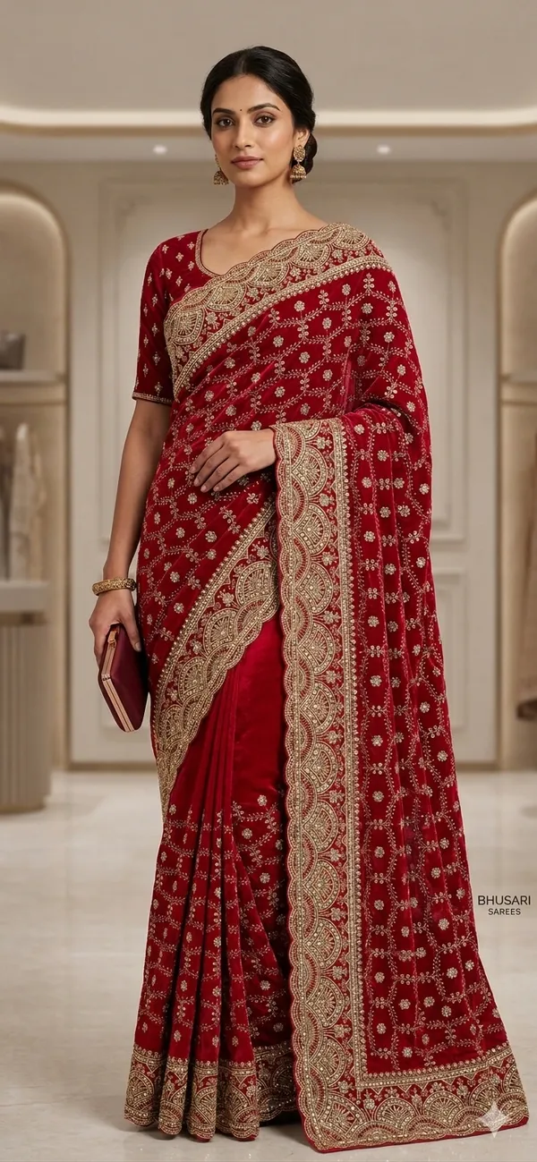 Red_Bridal_Embroidered_Saree_With_Golden_Zari_Work_And_Unstitched_Blouse_Piece