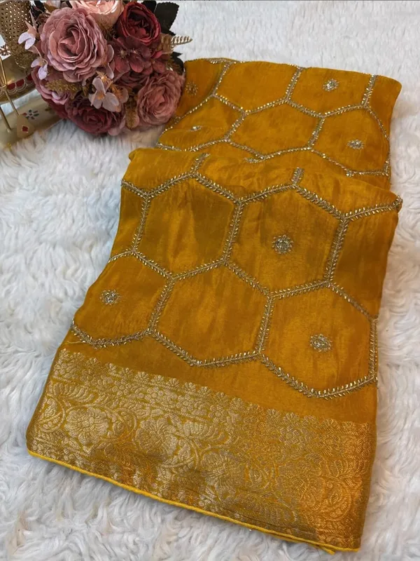 Mustard_Yellow_Embellished_Georgette_Saree_With_Silver_Sequin_Work